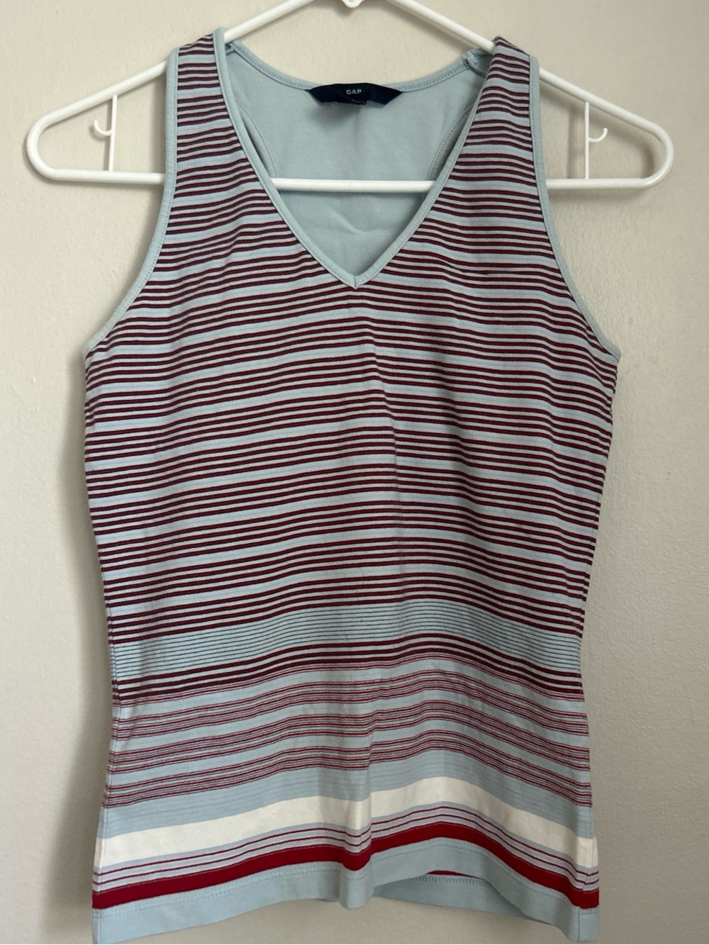 GAP Striped V-Neck Tank in Light Blue & Burgundy Stripes